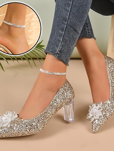  Hochzeitsschuhe für Braut, Brautjungfer, Damen, geschlossene Zehenpartie, spitze Zehenpartie, Silber-Gold-PU-Pumps mit Kristall-Glitzer-Pailletten, klobiger Absatz, Hochzeit, Party, Valentinstag, Bling-Bling-Schuhe, eleganter Klassiker
