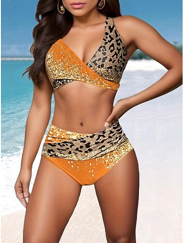  Damen Badeanzug Tankini Bademode Urlaub Leopard Ärmellos Badeanzüge