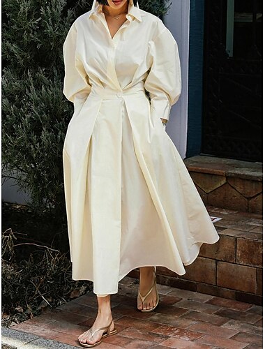  Damen Weißes Kleid blusenkleid Baumwoll-Leinenkleid Maxikleid Verabredung Urlaub Polyester Basic Hemdkragen Taste Tasche Langarm Sommer Frühling Regular Fit Glatt