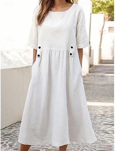  Γυναικεία Λευκό φόρεμα Καθημερινό φόρεμα Φόρεμα από βαμβακερό λινό Μίντι φόρεμα Κουμπί Τσέπη Βασικό Καθημερινά Στρογγυλή Ψηλή Λαιμόκοψη Μισό μανίκι Καλοκαίρι Άνοιξη Λευκό Βυσσινί Σκέτο