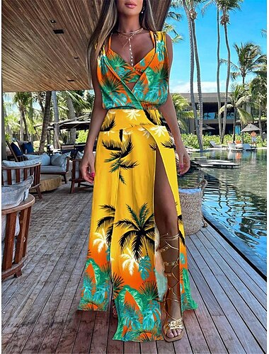  Damen Kleid-Set Casual kleid Rock-Set Schaukelkleid Modisch Modern Blumen Glatt Rückenfrei Gespleisst kleid lang Ärmellos V Ausschnitt Outdoor Urlaub Gelb Rote Orange Sommer Lockere Passform
