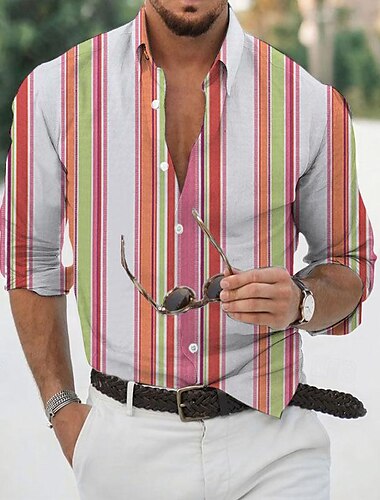  Herre Skjorte Sommer skjorte Casual skjorte Strandtrøje Button Up skjorte Blå Lilla Orange Grøn Langærmet Stribe Aftæpning Ferierejse Hawaiiansk Knap ned Tøj Polyester Mode Afslappet Bekvem