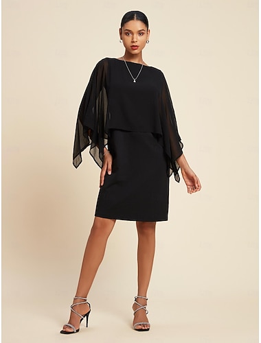  Robe noire en mousseline de soie pour femmes, tenue d'invité de mariage, cape ample, mini robe moulante