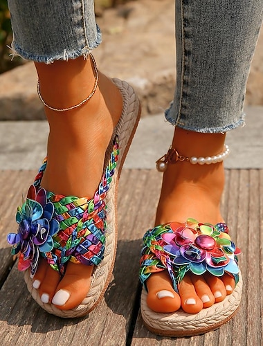  Sandalias bohemias con flores coloridas para mujer: zapatos planos tejidos a mano sin cordones para playa y uso informal en verano