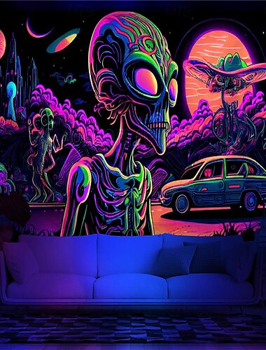  Schwarzlicht-Wandteppich, UV-reaktiv, im Dunkeln leuchtend, Party, Neon, DJ, Drache, psychedelisch, trippig, neblig, Wandteppich, Wandbild für Wohnzimmer, Schlafzimmer