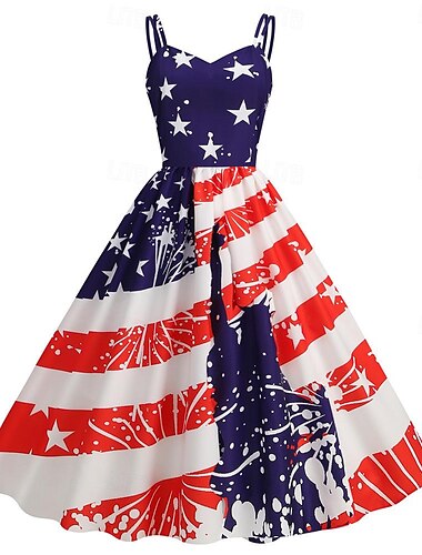  USA Flagge Kleid Swing-Kleid Flare-Kleid Erwachsene Damen Cosplay Karneval Tag der Unabhängigkeit Einfaches Karnevalskostüm