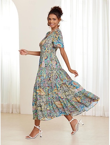  Damen Chiffon-Kleid Geometrisch Rüschen Gefaltet V Ausschnitt Maxidress Party Kurzarm Sommer