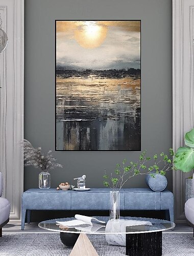  peint à la main or coucher de soleil réflexion océan peinture 100% peint à la main peinture texturée peinture à l'huile abstraite peinture acrylique décoration murale peinture pour salon décoration de