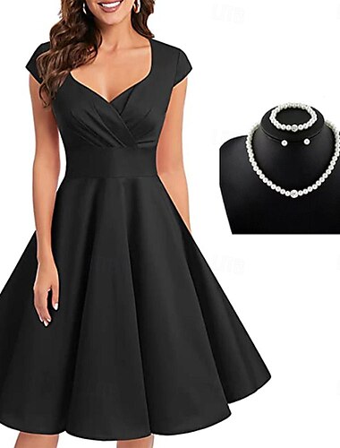  Retro Antiguo 1950s Rockabilly Vestido de una línea Vestido acampanado Color sólido Mujer Fiesta / Noche Mascarada Despedida de Soltera Adulto Vestido Pendientes Para la Cabeza Primavera verano
