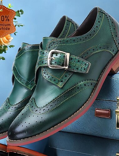  Women's  Green Leather Monk Strap Shoes Classic Brogue Elegant Vintage