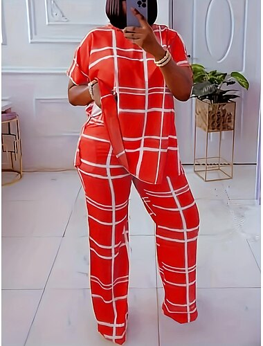  Dámské Košile Sady kalhot Kalhoty Krátký rukáv Kulatý Pléd Tisk Módní Běžné / Denní Černá Světlá růžová Rubínově červená Jaro léto Běžný