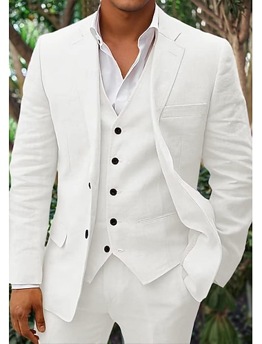  Heren Linnen pakken Strand bruiloft Strand Donker kaki Wit Lente, Herfst, Winter, Zomer Pak Inkeping Effen Getailleerd 3-delige set Enkele rij knopen met twee knopen