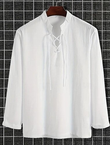  Voor heren Overhemd Normaal shirt Katoenen shirt Effen Hawaii Feestdagen Zwart Wit Khaki Lange mouw Band Kraag Lente & Herfst Kleding Veters