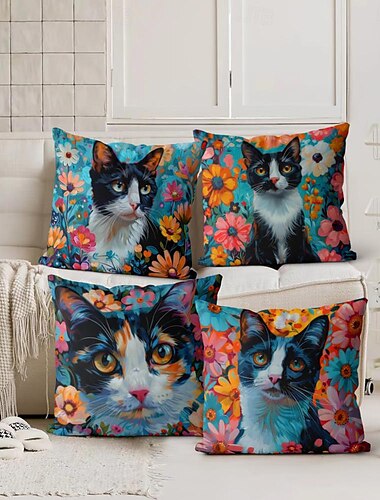  Dekorativer Kissenbezug mit Blumen- und Katzenmotiv, 4-teilig, weicher, quadratischer Kissenbezug für Schlafzimmer, Wohnzimmer, Sofa, Couch, Stuhl