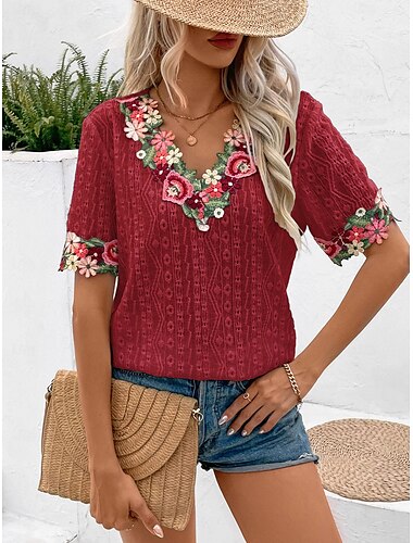  Damen Weiße Elegante Spitze Tops Loch Bluse Florale Stickerei V-Ausschnitt Halbärmel Weiße Sommer Lässig Outdoor Alltagskleidung Romantische Kleine Größen Tops Sommerurlaub Kleidung