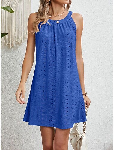  Damen Casual kleid Minikleid Spitze Brautkleider schlicht Rundhalsausschnitt Ärmellos Schwarz Rosa Marineblau Farbe