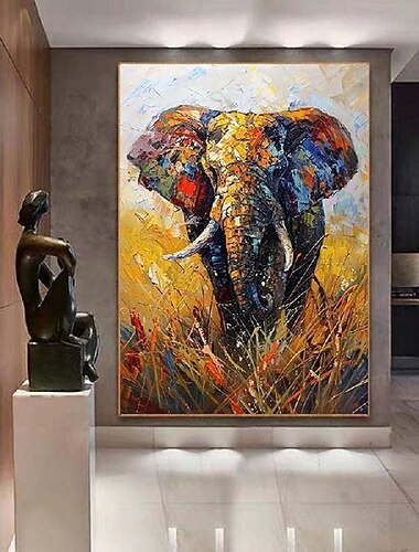 キャンバスに描かれた抽象的なカラフルな象の油絵、カップルのアクリル動物象の絵画、モダンなカラフルなテクスチャナイフ動物の絵画、リビングルーム、寝室のホームデコレーション用アート、壁アート絵画