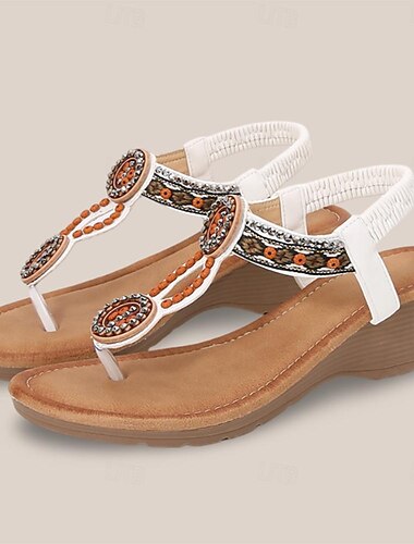  Damen Sandalen Flip Flops Boho Sandalen mit Keilabsatz Urlaub Strand Reise Strass Perlenstickerei Stickerei Keilabsatz Böhmen Urlaub Mikrobielles Leder Gummiband Schwarz Weiß Khaki