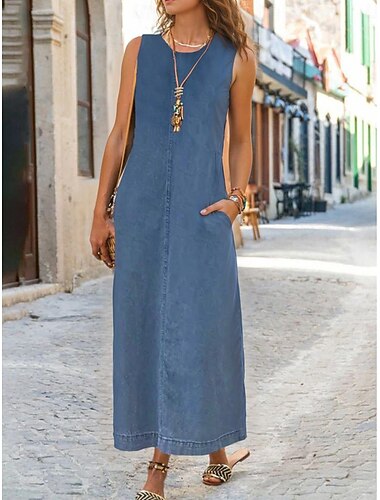  Mulheres Vestido Jeans Vestido de turno Vestido maxi longo Denim Moderno Casual Férias Gola Redonda Patchwork Sem Manga Verão Primavera 2023 Normal Preto Azul Royal Azul Cor imaculada S M L XL 2XL