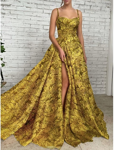  A-Linie Gold Kleider Abendkleid Hochgespaltenes Kleid Formelles Gericht Zug Ärmellos Spaghetti-Träger Pailletten mit Glitzer Falten Raffung Hochzeitsgastkleid 2025