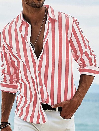  Men's Shirt Summer Shirt Casual Shirt Beach Shirt Button Up Shirt Striped Shirts Black Red Royal Blue Gray Long Sleeve Stripes Turndown Vacation Hawaiian Button-Down Clothing Apparel Polyester