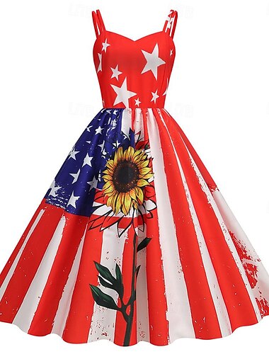  Amerikaanse Vlag Jurken Swing Jurk Flare Jurk Volwassenen Dames Cosplay Carnaval Onafhankelijkheidsdag Makkelijk carnavalskostuum