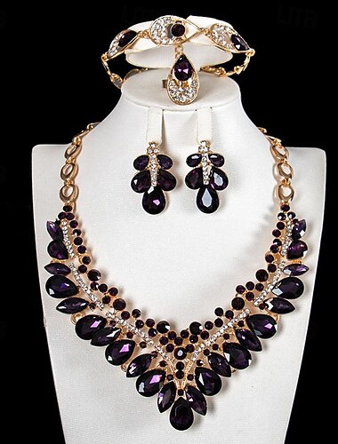 Conjunto de Jóias 4pçs Strass Liga Anéis Brincos Colares Braceletes Mulheres Vintage Moda Artistíco Geométrico Forma Geométrica Conjunto de jóias Para Casamento Festa Aniversário