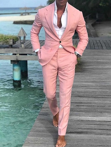  Ternos de linho de casamento masculino praia verão cor sólida 2 peças sob medida ajuste único breasted um botão azul claro champanhe rosa 2024