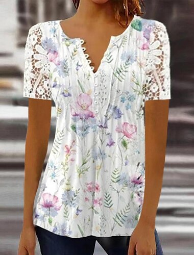  Blusa informal de mujer con encaje floral y botones, manga corta, cuello redondo, para vacaciones, uso diario, rosa, azul, verde, verano