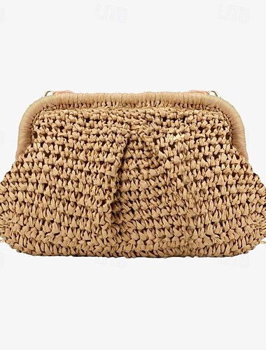  Damen Schultertasche Clutch Abendtasche Handgelenk-Tasche Strohsack Stroh Party Festtage Strand Kette Hohe Kapazität Multi-Carry Feste Farbe Webfaser nicht-gerade weiss Kamel