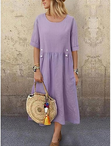  Dames Halflange jurk Imitatie katoenlinnen Hemdjurk Witte jurk Casual jurk Basic Dagelijks Weekend Ruim Passend Effen Halve mouw Strakke ronde hals Wit Paars Groen Grijs Zomer Lente