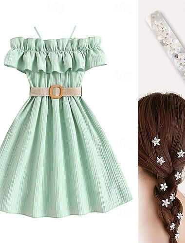 Kinder Mädchen Kleid einfarbig Kurzarm Hochzeit Outdoor Casual Rüschen Urlaub Mode Alltag Polyester knielang Freizeitkleid Swing Kleid A-Linie Kleid Sommer Frühling 7-13 Jahre schwarz weiß gelb