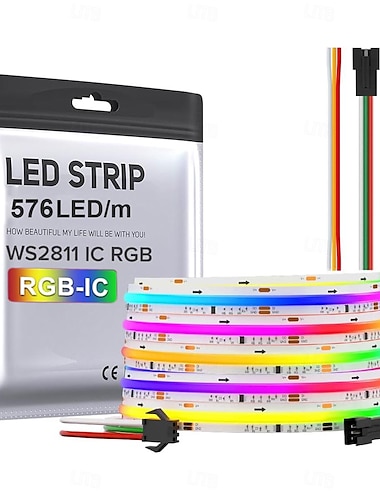  Tira de luz LED COB resistente al agua, tira IC inteligente rgb 16 pies 5 m dc24v cinta de luz LED flexible ws2811 cinta rgb direccionable adecuada para proyectos de iluminación de bricolaje para fiestas/hogares (excluyendo alimentación y controlador)
