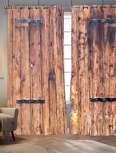  Vintage Holz Verdunkelungsvorhänge Türisolierung Außenbalkon Rest Wohnzimmer Wohndekoration 2-teiliges Set mit 3D-Digitaldruck perforiert