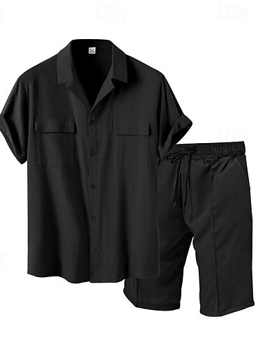  Herren Hemd Hemd aus Baumwollleinen 2 Stück Hemden-Set Sommer-Set Glatt Hawaiianisch Festtage Schwarz Weiß Khaki Kurzarm Kargen Frühling Sommer Bekleidung Tasche