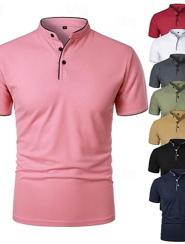  Herr Golftröja golfpolo Arbete Ledigt Hög krage Kortärmad Grundläggande Modern Färgblock Lappverk Knapp Vår & sommar Normal Vin Svart Vit Rosa Marinblå Grön Golftröja