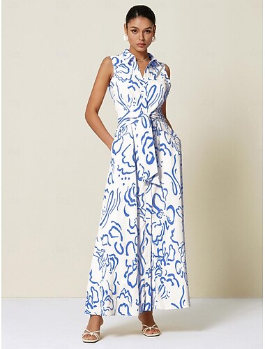  Damen blusenkleid Maxidress Blau Grün Beige Ärmellos Kurve Tasche Print Mit Gürtel Sommer Hemdkragen A-Linie XS S M