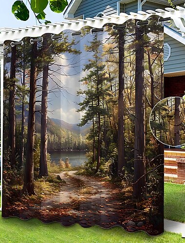  Wasserdichter Outdoor Vorhang Sichtschutzvorhang für den Außenbereich, Schiebevorhänge für die Terrasse, Pergola-Vorhänge mit Ösen, 3D-Baumwaldlandschaft für Pavillon, Balkon, Veranda, Party, 1 Panel