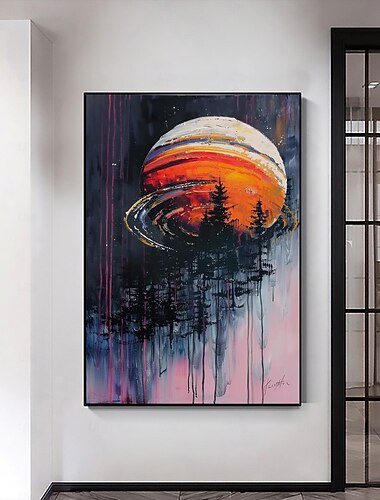  pictură în ulei realizată manual, pânză, artă decor de perete, pictură originală, colorată, cu cer înstelat, pictură abstractă cu scenă de noapte, decor acasă cu cadru întins, fără cadru interior.