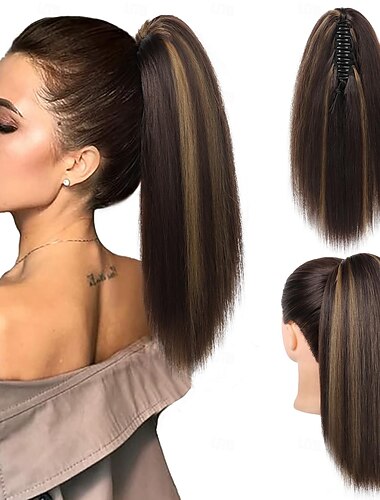  Ponytail Extension, 14" Short Claw Clip in Ponytail Straight for Short Hair Multi-Layered Fake Pony Tails Hair Extensions Heat-Resistant Hair Extensions Ponytail Brown with Caramel Highlights