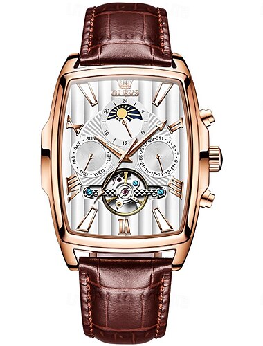  OLEVS Herren Mechanische Uhr Fashion Freizeit Armbanduhr Automatisch Selbstaufziehende Mondphase Leuchtender Kalender Lederuhr