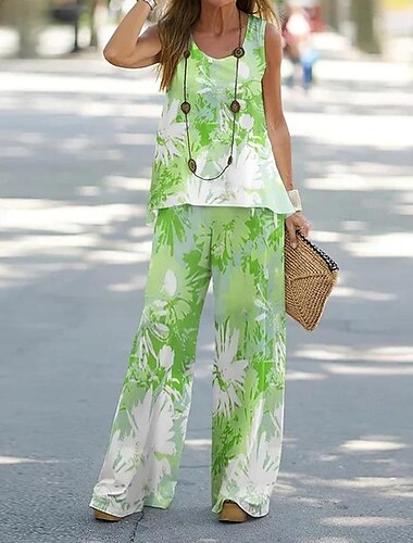  Pentru femei Modă Bluză Seturi de pantaloni Picior Larg Pantaloni Fără manșon Rotund Floral Imprimeu Concediu Sfârșit de săptămână Alb Cristal Verde Deschis Vară Fit regulat