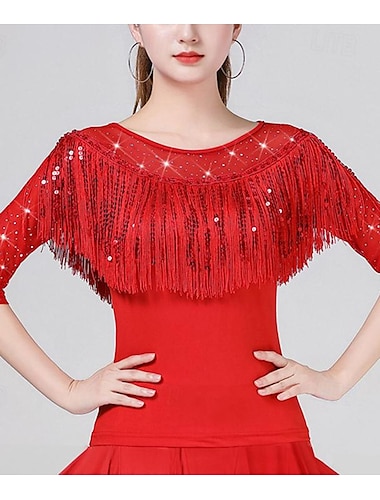  Latinamerikansk dans Tiodans Topp Tofs Ren Färg Tvinning Dam Prestanda Träning Halvlång ärm Hög Polyester