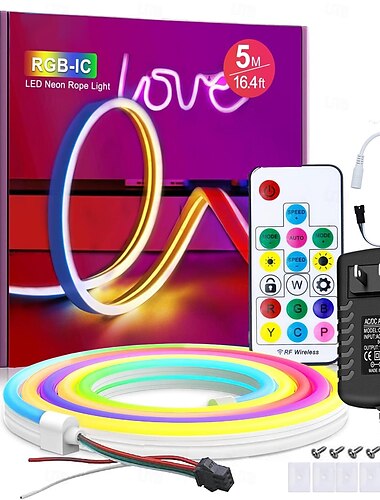  Barre lumineuse LED néon 1-5 m adressable RVB arc-en-ciel LED pixel barre lumineuse DC12V comprenant alimentation et contrôleur RF 17 touches applicable à la décoration murale d'art de panneau néon LED bricolage ws2811