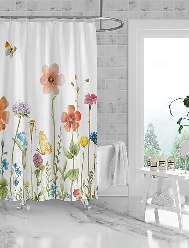  Duschvorhang mit Haken 180cm Polyester waschbar blatt wasserdicht Muster Badezimmer Badewannen Deko Vintage Schmetterlingsblumen