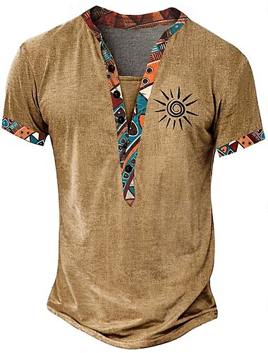  Herren Stammes Bandana-Print T Shirt Henley Hemd Kurzarm 3D-Druck Designer Ethnisch Lässig Täglich Sommer Frühling Gelb Braun Grün Stehkragen Henley T-Shirt