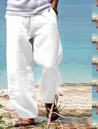  Męskie Lniane spodnie Spodnie Letnie spodnie Spodnie plażowe Elastyczny pas Spodnie szerokie nogawki Prosta noga Równina Oddychający Miękka Joga Codzienny Plaża Moda Moda miejska Luźna Czarny Biały