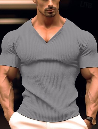  Herr T-shirt Muskelskjorta Ribbstickad t-shirt T-tröja Kort ärm V-hals Sommar Slät Pit Strip Mode Designer Grundläggande Knappar Semester Gata Utekväll Vit Marinblå Brun Topp t-shirt för män