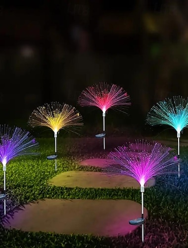  2 قطعة من مصابيح حديقة قنديل البحر الشمسية من الألياف الضوئية RGB في الهواء الطلق مقاومة للماء للألعاب النارية، إضاءة الحديقة، فناء الحديقة، مسار الفناء، ديكور جو المناظر الطبيعية