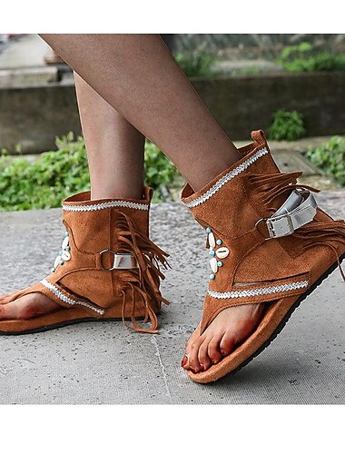  damskie frędzle modne sandały na płaskim obcasie, styl boho z wystającym palcem pasek z klamrą sandały typu stringi rzymskie buty plażowe khaki brązowy czarny